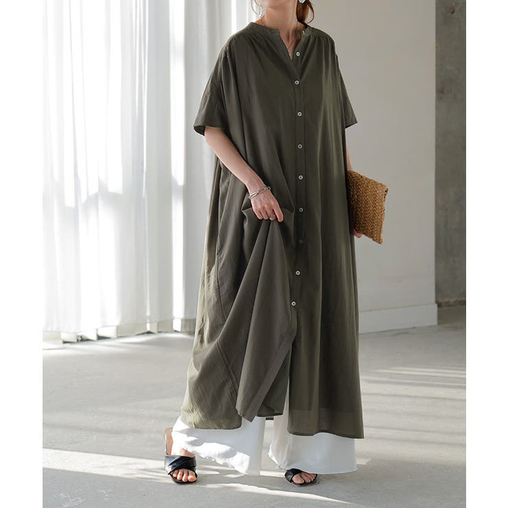 オリーブ | ワンピース レディース シャツワンピース バンドカラー ロングワンピース | HUG.U