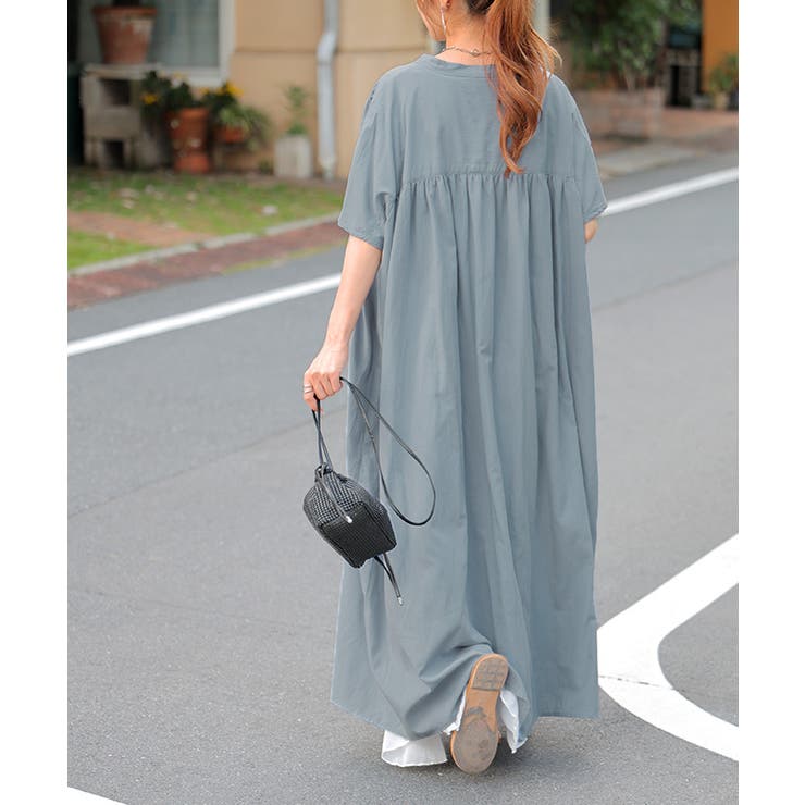 アーバンブルー | ワンピース レディース シャツワンピース バンドカラー ロングワンピース | HUG.U