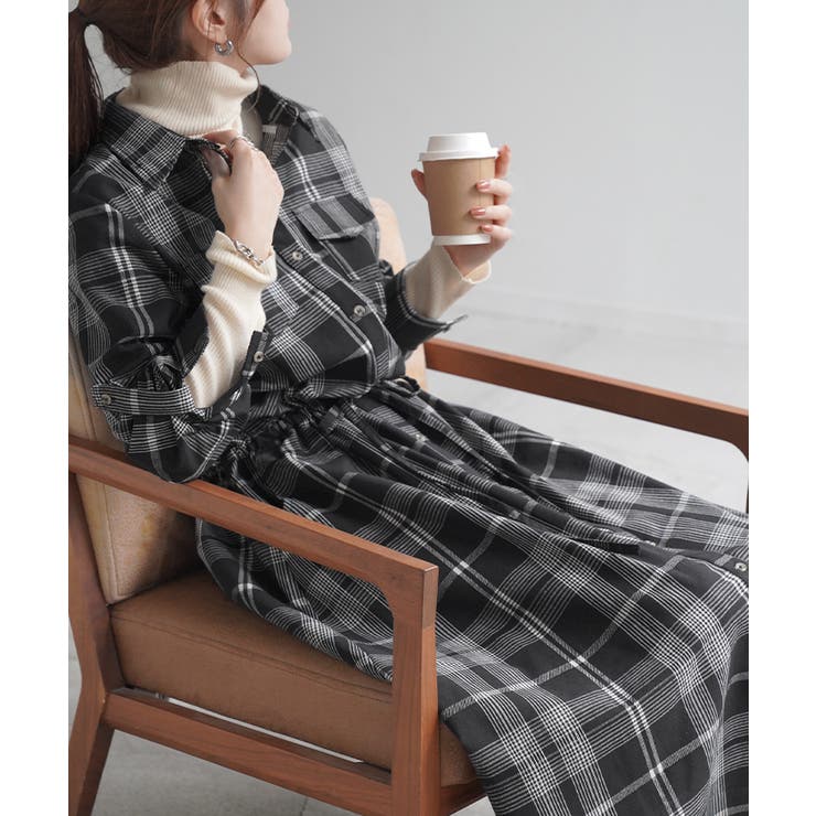 チェック柄ブラック(トール丈) | ワンピース レディース 長袖 ロングワンピース シャツワンピース マキシワンピ | HUG.U
