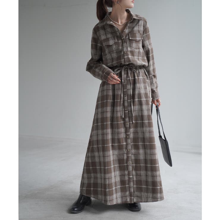 チェック柄ブラウン(トール丈) | ワンピース レディース 長袖 ロングワンピース シャツワンピース マキシワンピ | HUG.U