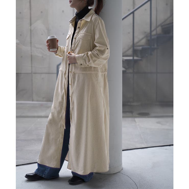 コーデュロイ生地アイボリー(トール丈) | ワンピース レディース 長袖 ロングワンピース シャツワンピース マキシワンピ | HUG.U