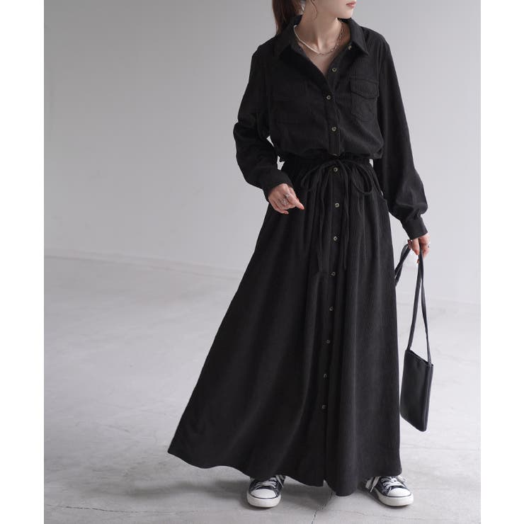 コーデュロイ生地ブラック(トール丈) | ワンピース レディース 長袖 ロングワンピース シャツワンピース マキシワンピ | HUG.U