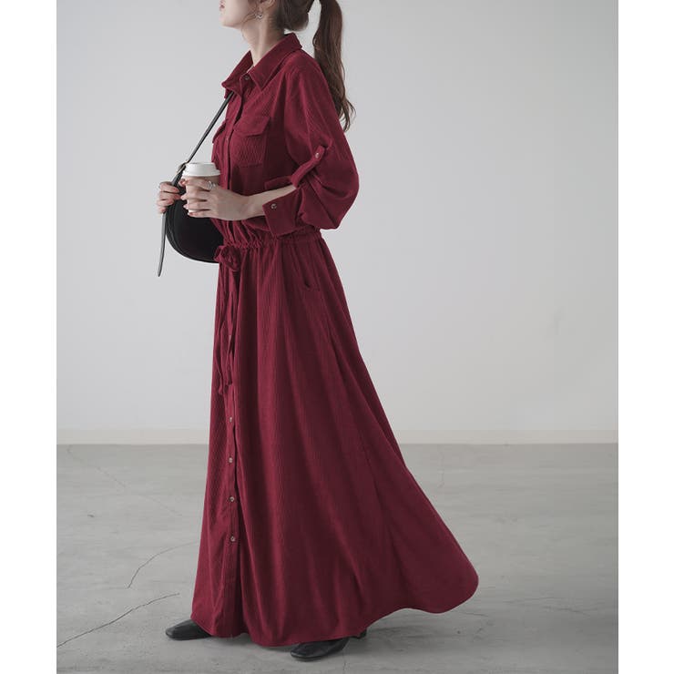 コーデュロイ生地ワインレッド(トール丈) | ワンピース レディース 長袖 ロングワンピース シャツワンピース マキシワンピ | HUG.U