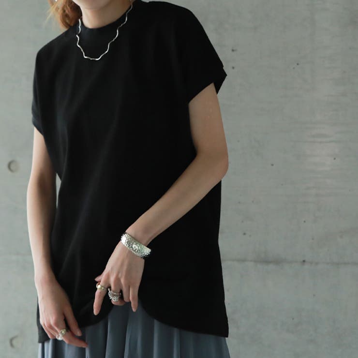 Tシャツ レディーストップス フレンチスリーブ モックネック 半袖 無地