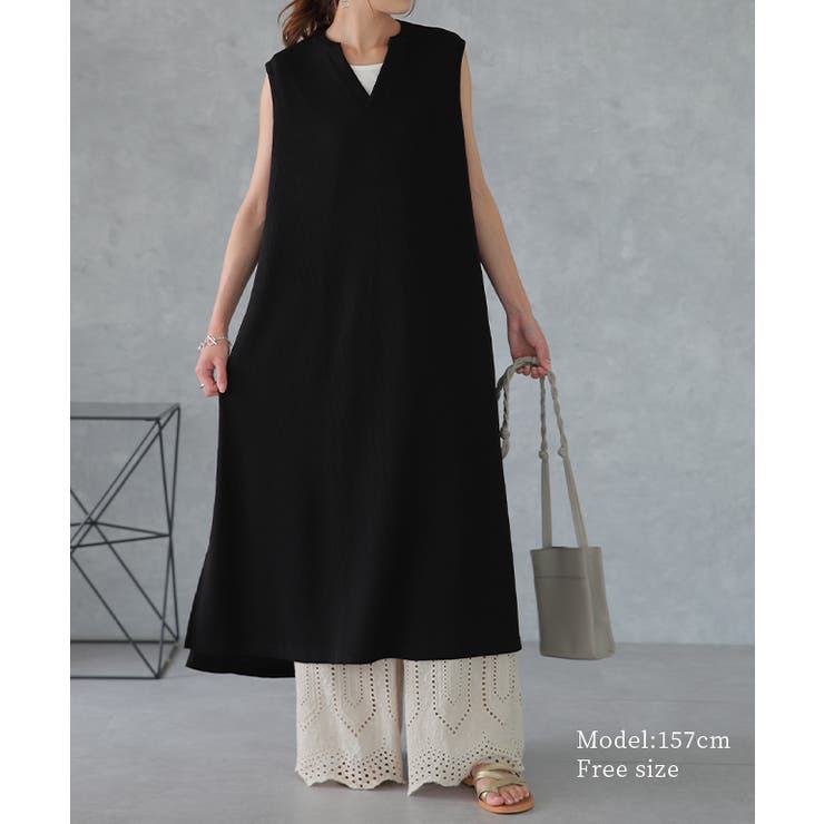 ワンピース レディース ロングワンピース キーネック ノースリーブ ワッフル | HUG.U | 詳細画像3 