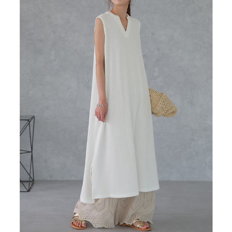 ワンピース レディース ロングワンピース キーネック ノースリーブ ワッフル | HUG.U | 詳細画像5 