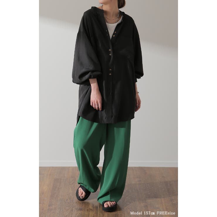 シャツ レディース ノーカラー トップス サテン ブラウス ロング 光沢 | HUG.U | 詳細画像16 