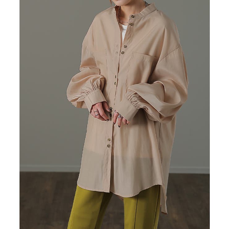 シャツ レディース ノーカラー トップス サテン ブラウス ロング 光沢 | HUG.U | 詳細画像20 