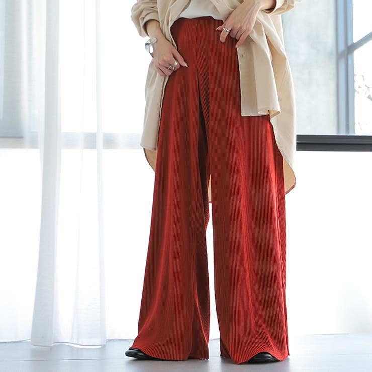 バーガンディー | パンツ 切れるパンツ リブパンツ レディース ワイド セルフカット プリーツ | HUG.U