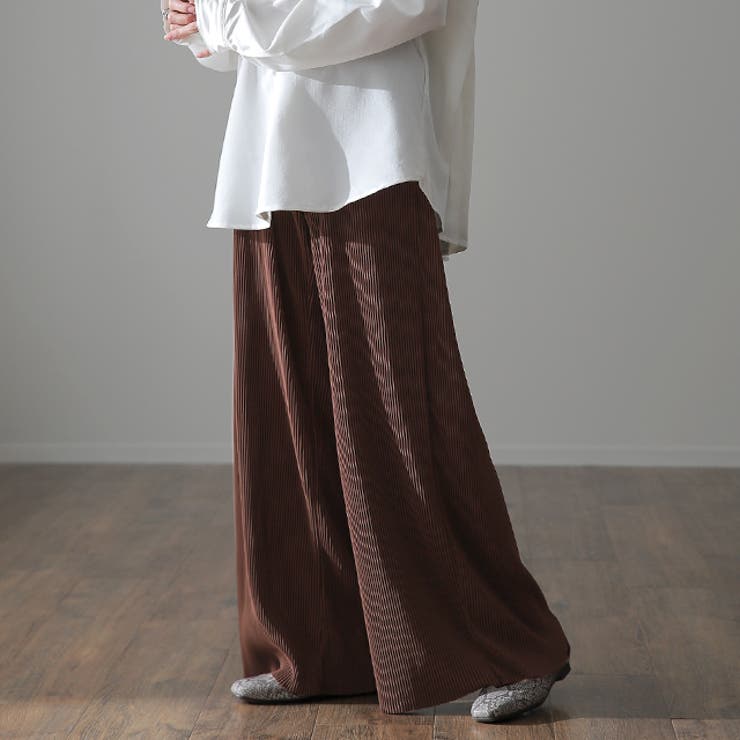 ダークブラウン | パンツ 切れるパンツ リブパンツ レディース ワイド セルフカット プリーツ | HUG.U
