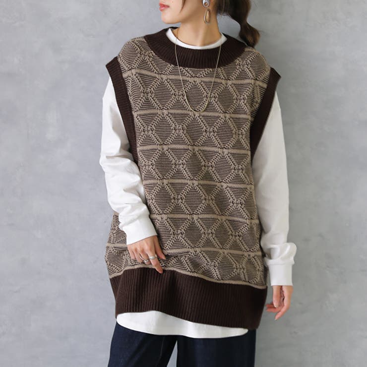 モカブラウン | ニットベスト ジャガードニット レディース レイヤード トップス セーター 柄 | HUG.U