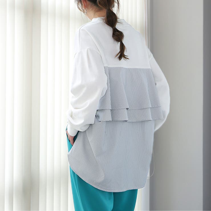 ホワイト | カットソー レディース バックフリル トレーナー 長袖 切り替え スウェット | HUG.U