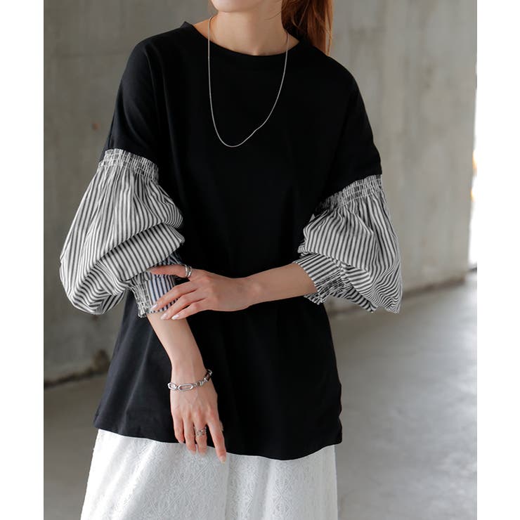 ブラック×グレーストライプ | トップス レディース ブラウス カットソー ロング Tシャツ ロンT パフスリ | HUG.U