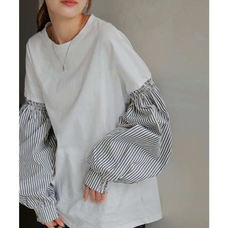 ホワイト×グレーストライプ | トップス レディース ブラウス カットソー ロング Tシャツ ロンT パフスリ | HUG.U