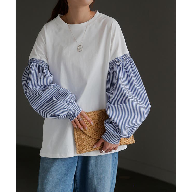 ホワイト×ブルーストライプ | トップス レディース ブラウス カットソー ロング Tシャツ ロンT パフスリ | HUG.U