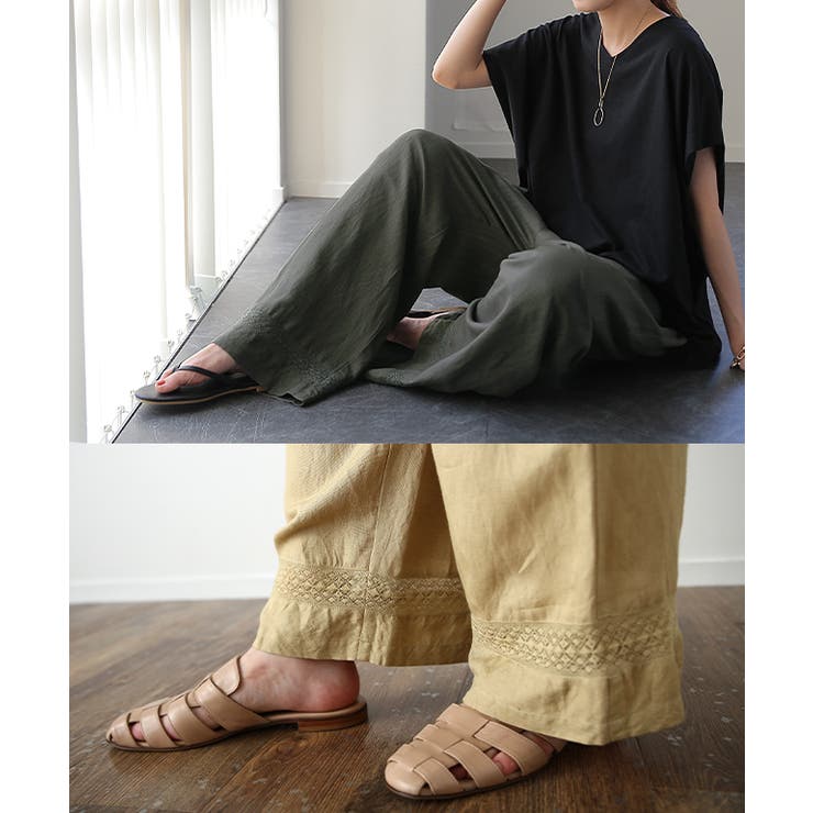 ワイドパンツ レディース パンツ リネン レーヨン 刺繍 レース ゆったり ナ | HUG.U | 詳細画像18 