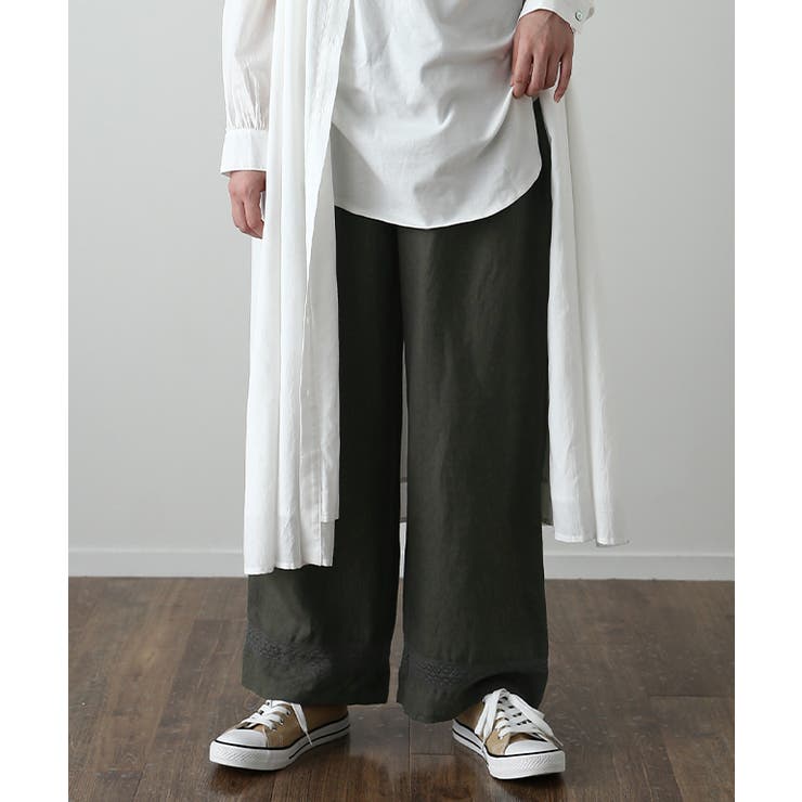 ワイドパンツ レディース パンツ リネン レーヨン 刺繍 レース ゆったり ナ | HUG.U | 詳細画像5 