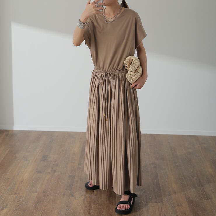 ワンピース Tシャツ ロングワンピ プリーツ Tシャツワンピ 二の腕