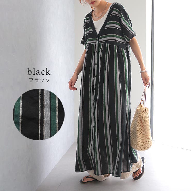 ワンピース 綿 麻 シャツワンピース ストライプ ボーダー マルチボーダー リ | HUG.U | 詳細画像12 