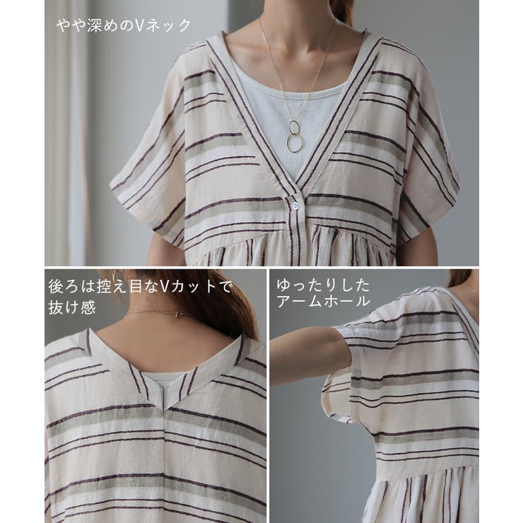 ワンピース 綿 麻 シャツワンピース ストライプ ボーダー マルチボーダー リ | HUG.U | 詳細画像16 