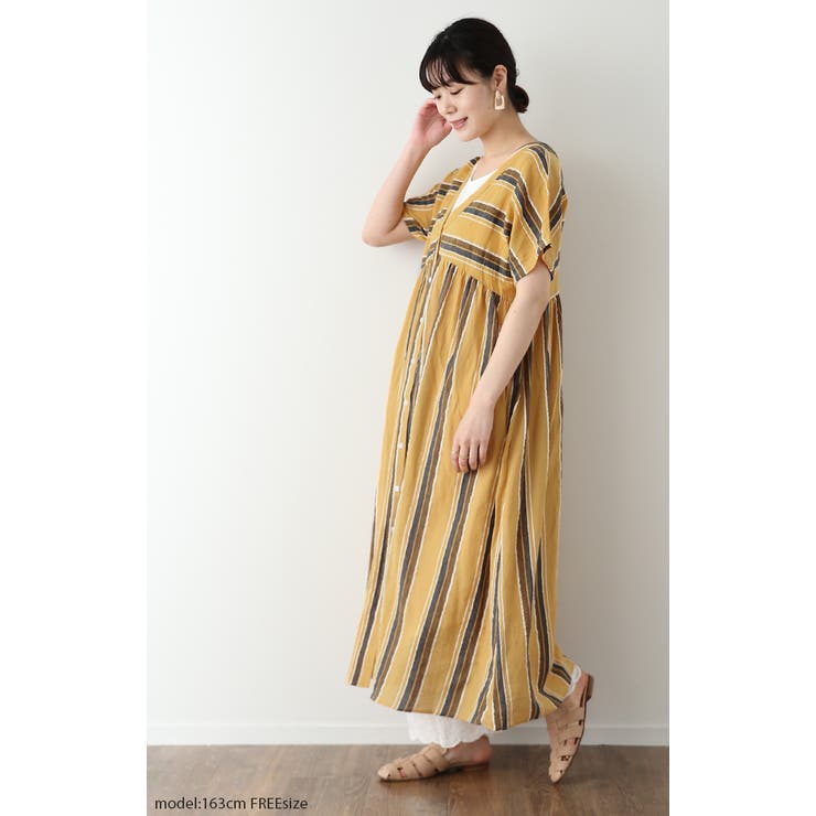 ワンピース 綿 麻 シャツワンピース ストライプ ボーダー マルチボーダー リ | HUG.U | 詳細画像17 