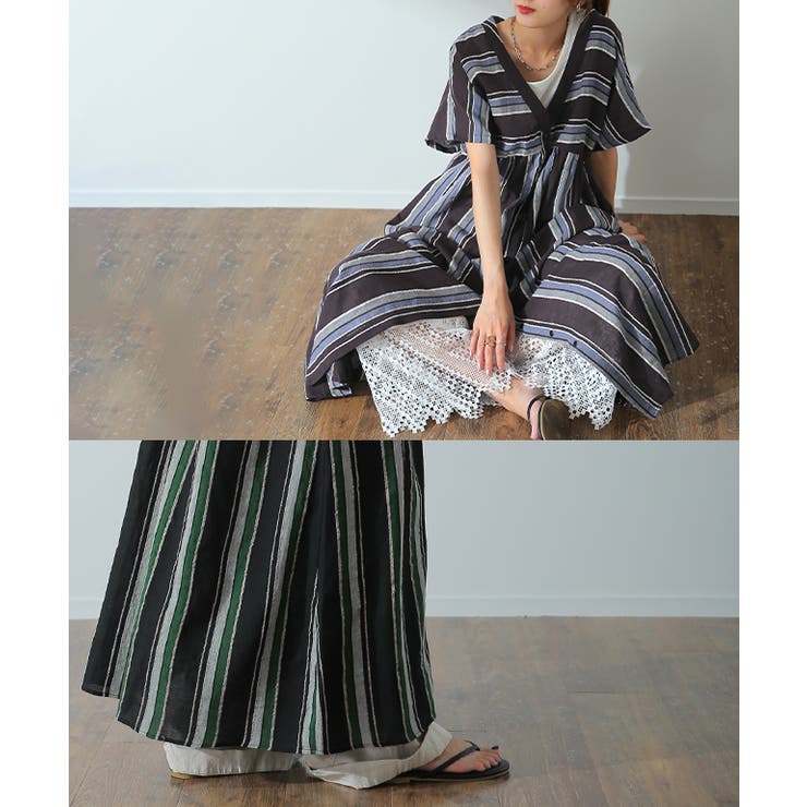 ワンピース 綿 麻 シャツワンピース ストライプ ボーダー マルチボーダー リ | HUG.U | 詳細画像19 