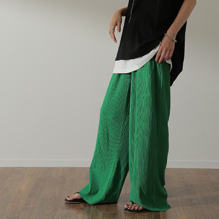 グリーン | ワイドパンツ レディース セルフカット パンツ リブパンツ ボトムス ロング | HUG.U