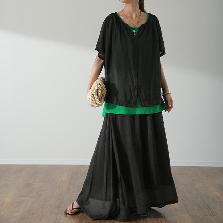 ブラック | セットアップ レディース 涼しい 2点セット トップス スカート シアー 半袖 | HUG.U