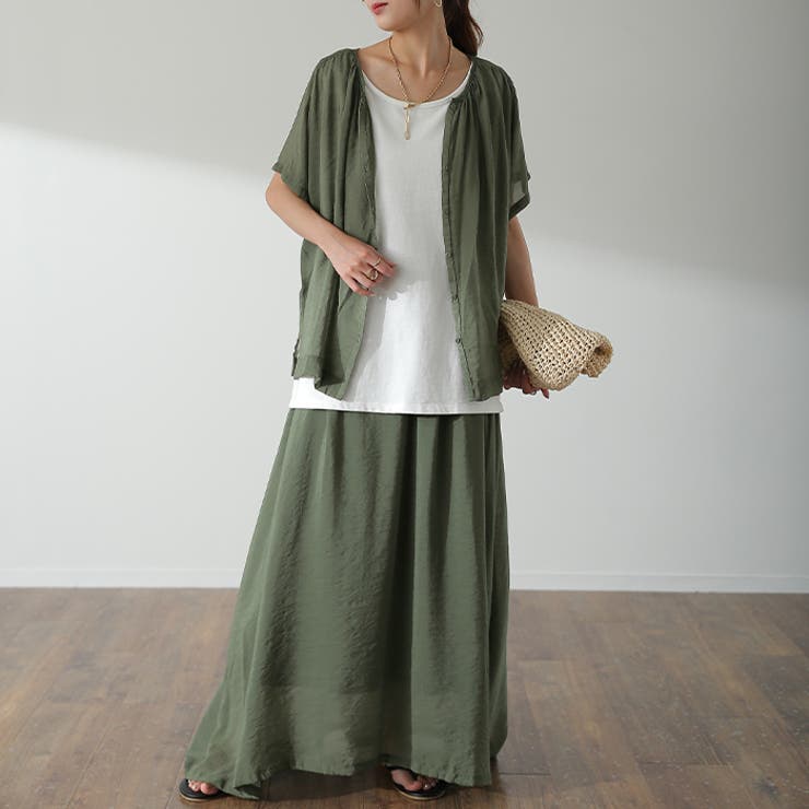 カーキ | セットアップ レディース 涼しい 2点セット トップス スカート シアー 半袖 | HUG.U