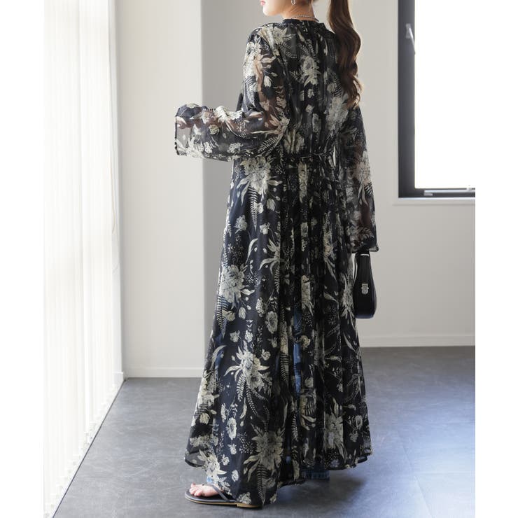 ブラックフラワー | ワンピース ロング 2点セット インナー付き シフォン ロングワンピ ペチコー | HUG.U