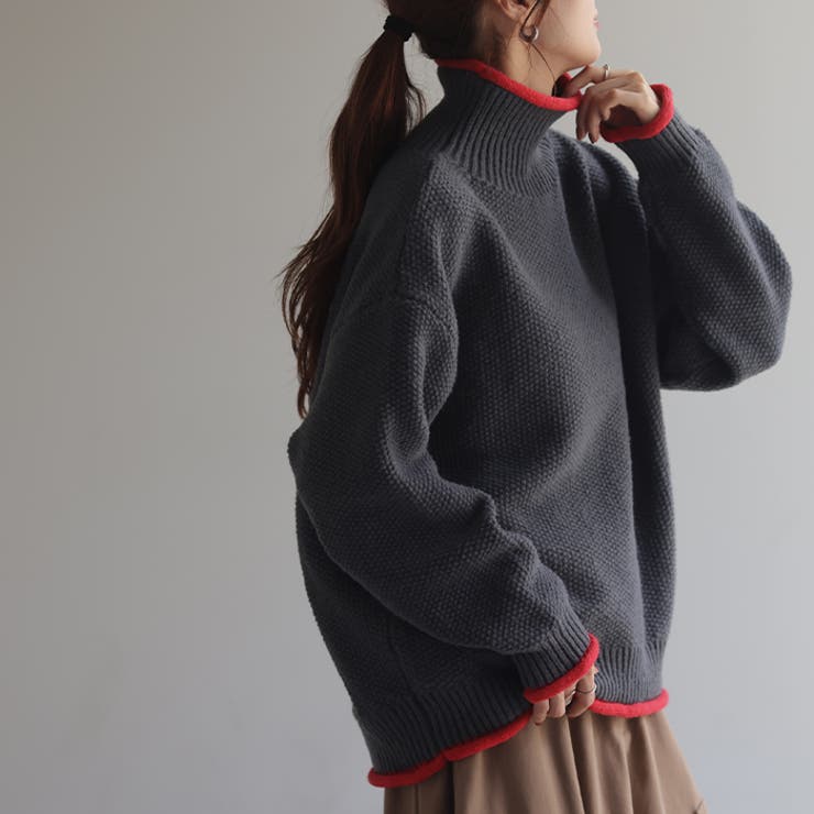アースグレー×レッド | ニット レディース トップス セーター タートルネック タートル 長袖 ハイネ | HUG.U