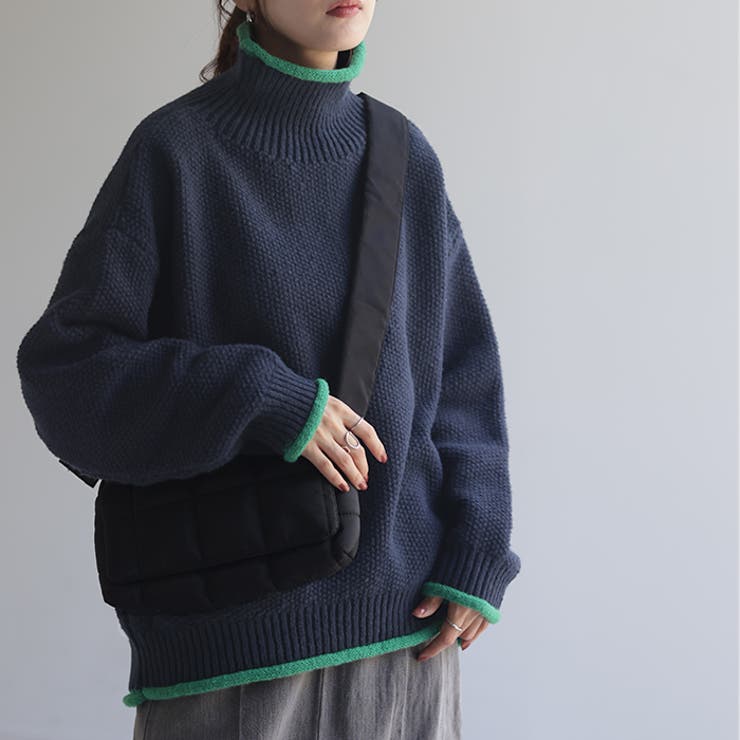 ネイビー×グリーン | ニット レディース トップス セーター タートルネック タートル 長袖 ハイネ | HUG.U