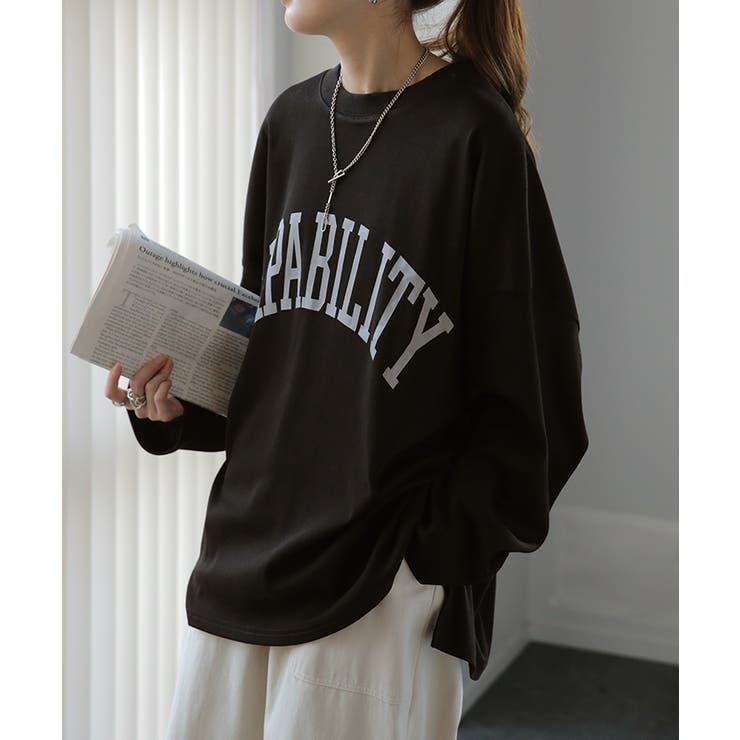 Aブラック | カットソー レディース トップス ロゴT 長袖 ロンT ロング Tシャツ チュ | HUG.U