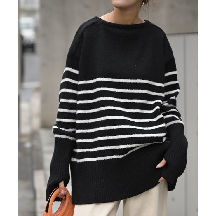 ブラック×ホワイト | ニット レディース トップス セーター アームウォーマー 指穴 ボートネック | HUG.U