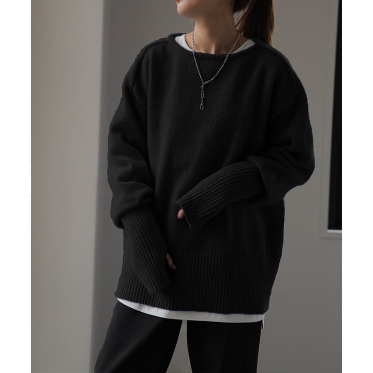 ブラック | ニット レディース トップス セーター アームウォーマー 指穴 ボートネック | HUG.U