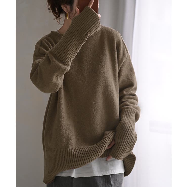 モカ | ニット レディース トップス セーター アームウォーマー 指穴 ボートネック | HUG.U