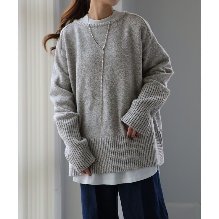 杢グレー | ニット レディース トップス セーター アームウォーマー 指穴 ボートネック | HUG.U