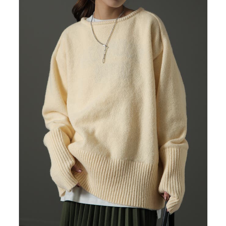 オフホワイト | ニット レディース トップス セーター アームウォーマー 指穴 ボートネック | HUG.U