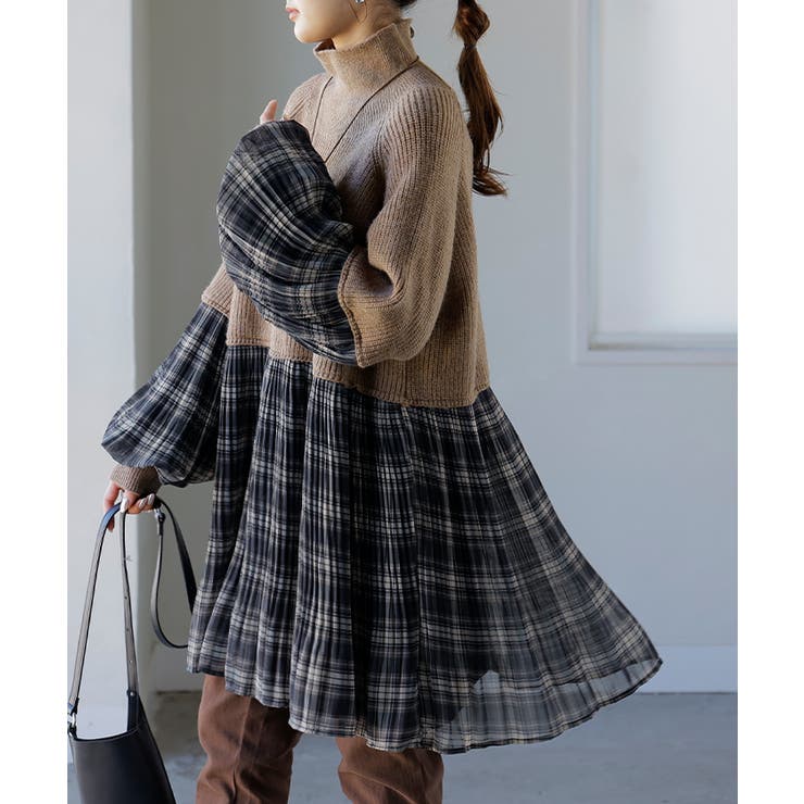 ブラウン×チェック | ニット レディース トップス プルオーバー ハイネック タートル チュニック | HUG.U
