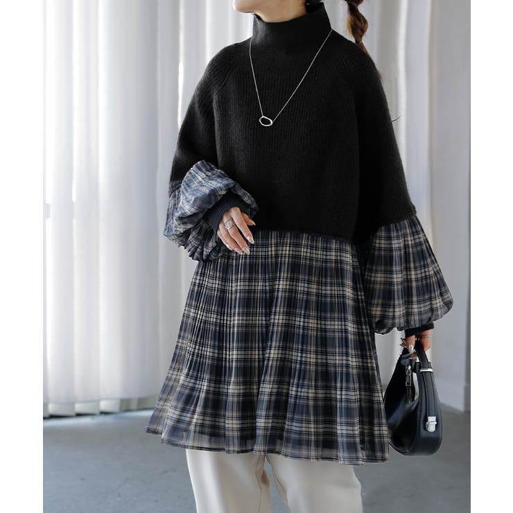 ブラック×チェック | ニット レディース トップス プルオーバー ハイネック タートル チュニック | HUG.U