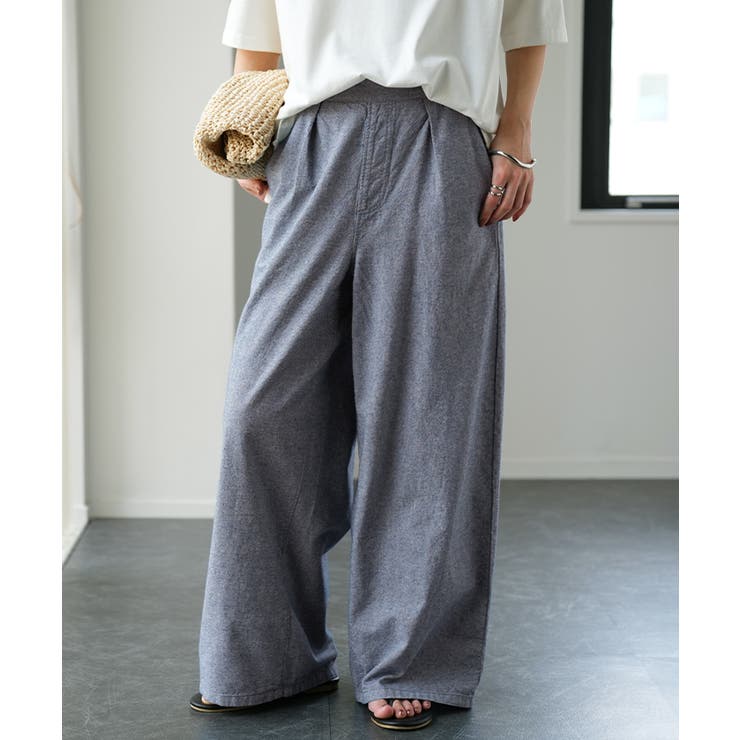 アースブルー | ワイドパンツ レディース 綿100% パンツ ナチュラル ロング ゴム 綿 コ | HUG.U