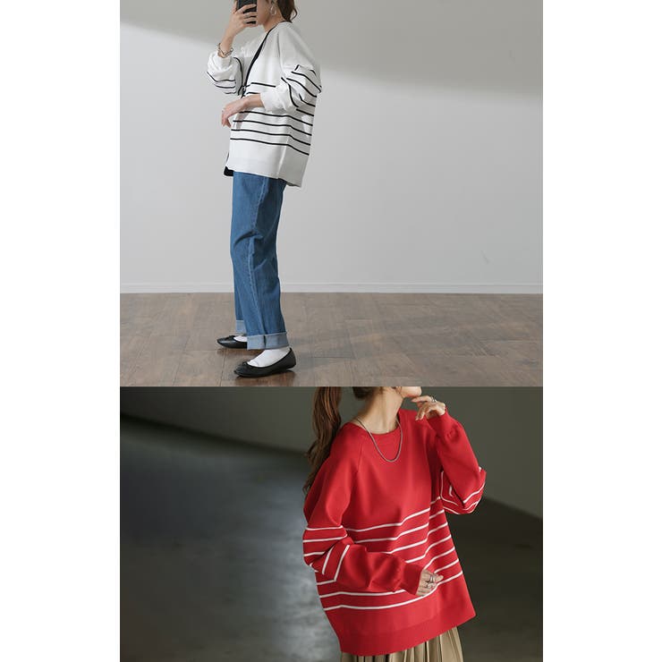 トップス レディース プルオーバー スポンジニット ボーダー ニット 軽量 ト | HUG.U | 詳細画像14 