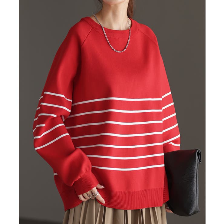 レッド | トップス レディース プルオーバー スポンジニット ボーダー ニット 軽量 ト | HUG.U