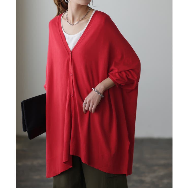 レッド | カーディガン レディース トップス 薄手 ニット 長袖 ゆったり 体型カバー | HUG.U