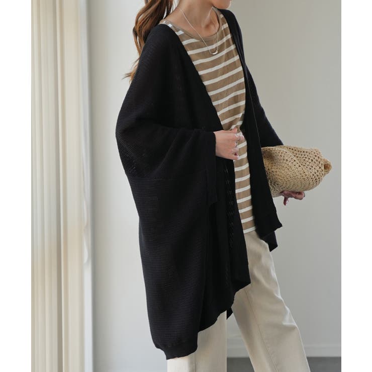 ブラック | カーディガン レディース トップス 透かし編み サマーニット 体型カバー お尻 | HUG.U