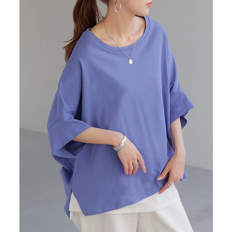 パンジーブルー | Tシャツ レディース トップス カットソー 二の腕カバー 半袖 5分袖 ドルマ | HUG.U