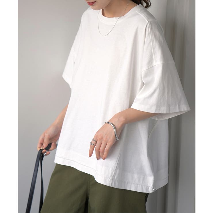 ホワイト | Tシャツ レディース トップス 綿 コットン 裾絞り 体型カバー 半袖 オーバ | HUG.U