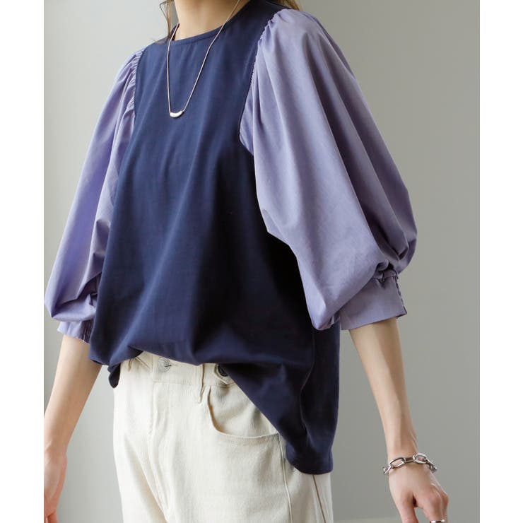 ネイビー | Tシャツ レディース トップス パフスリーブ 半袖 バルーン ぽわん袖 きれい | HUG.U