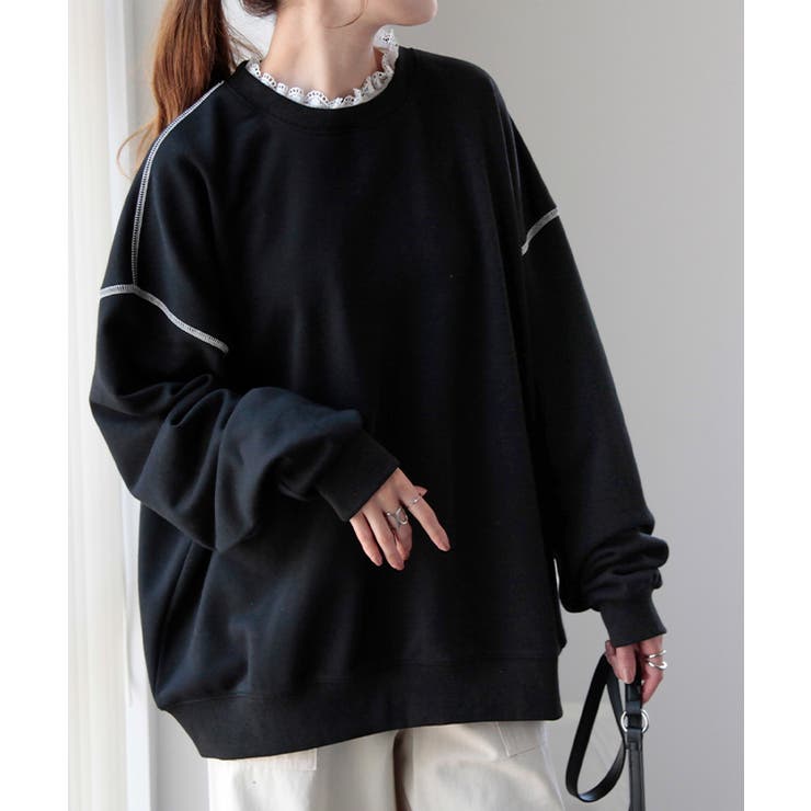 ブラック | スウェット レディース トップス トレーナー レース 襟 オーバーサイズ つけ | HUG.U