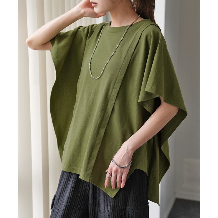 カーキ | Tシャツ レディース トップス 綿 体型カバー ゆったり 半袖 チュニック オ | HUG.U